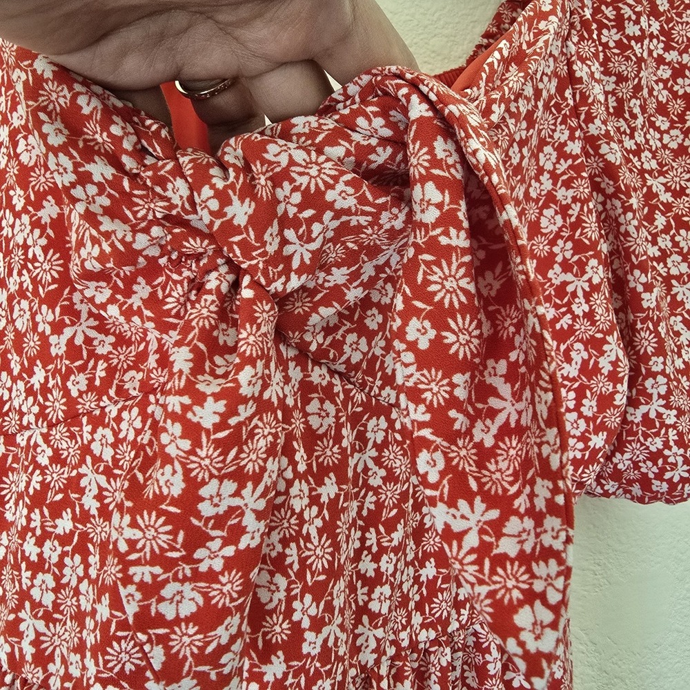 Lauren Conrad Women Sz S Peasant Mini Dress Ditsy Floral Tier Red Boho Tie Front - Picture 3 of 11